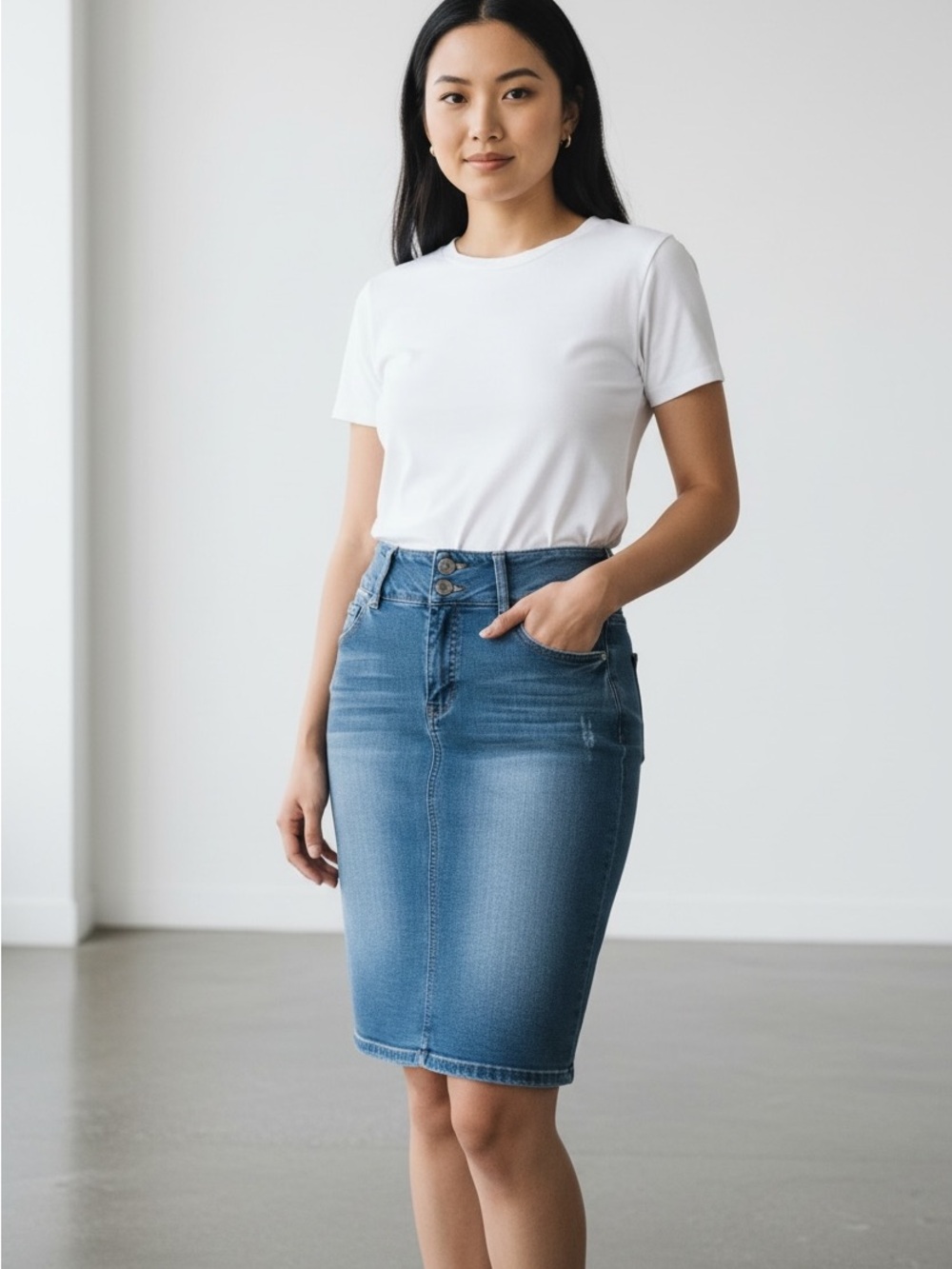 High-Rise Blue Denim Pencil Skirt - Women